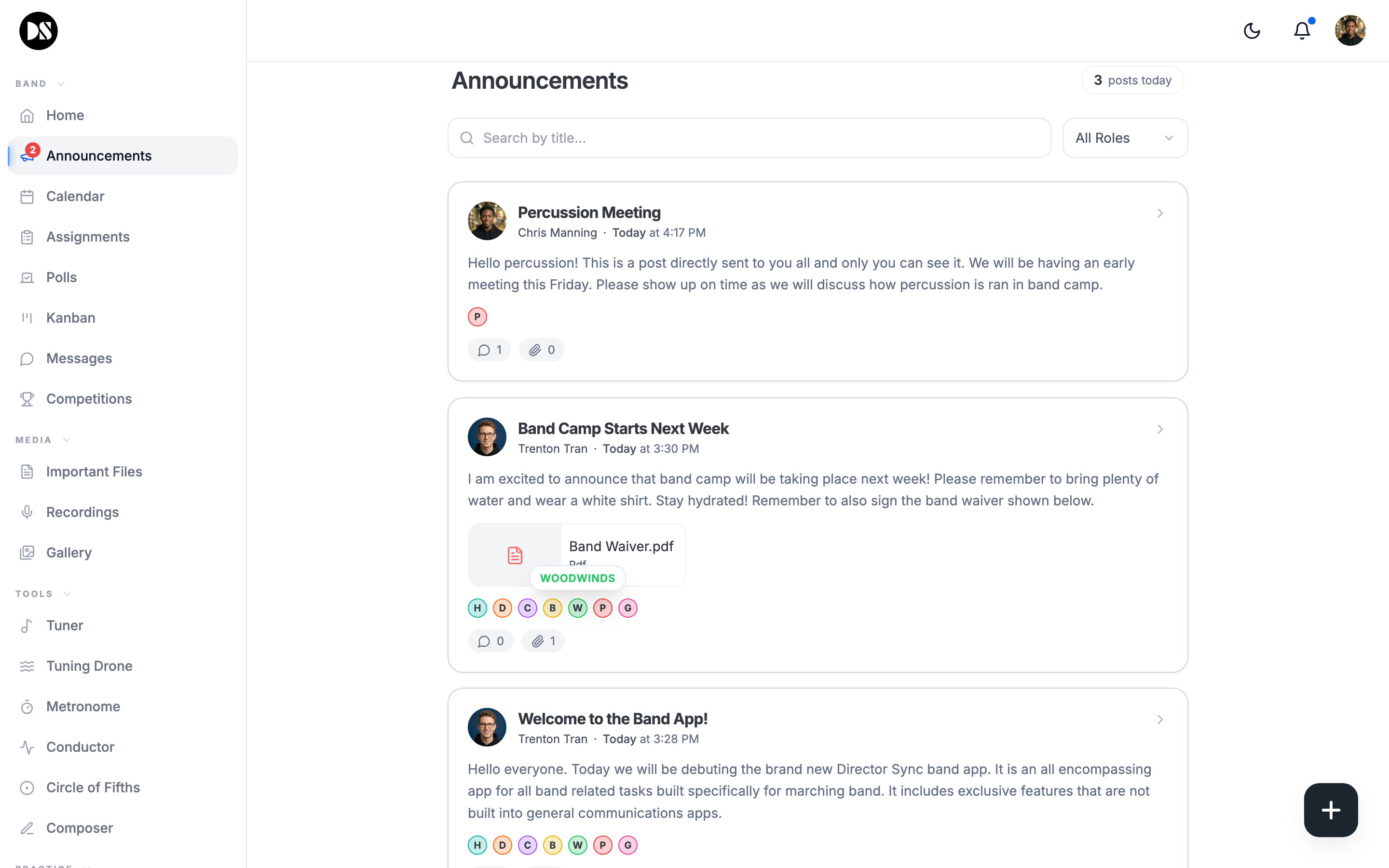 Announcements — targeted by section, with read receipts