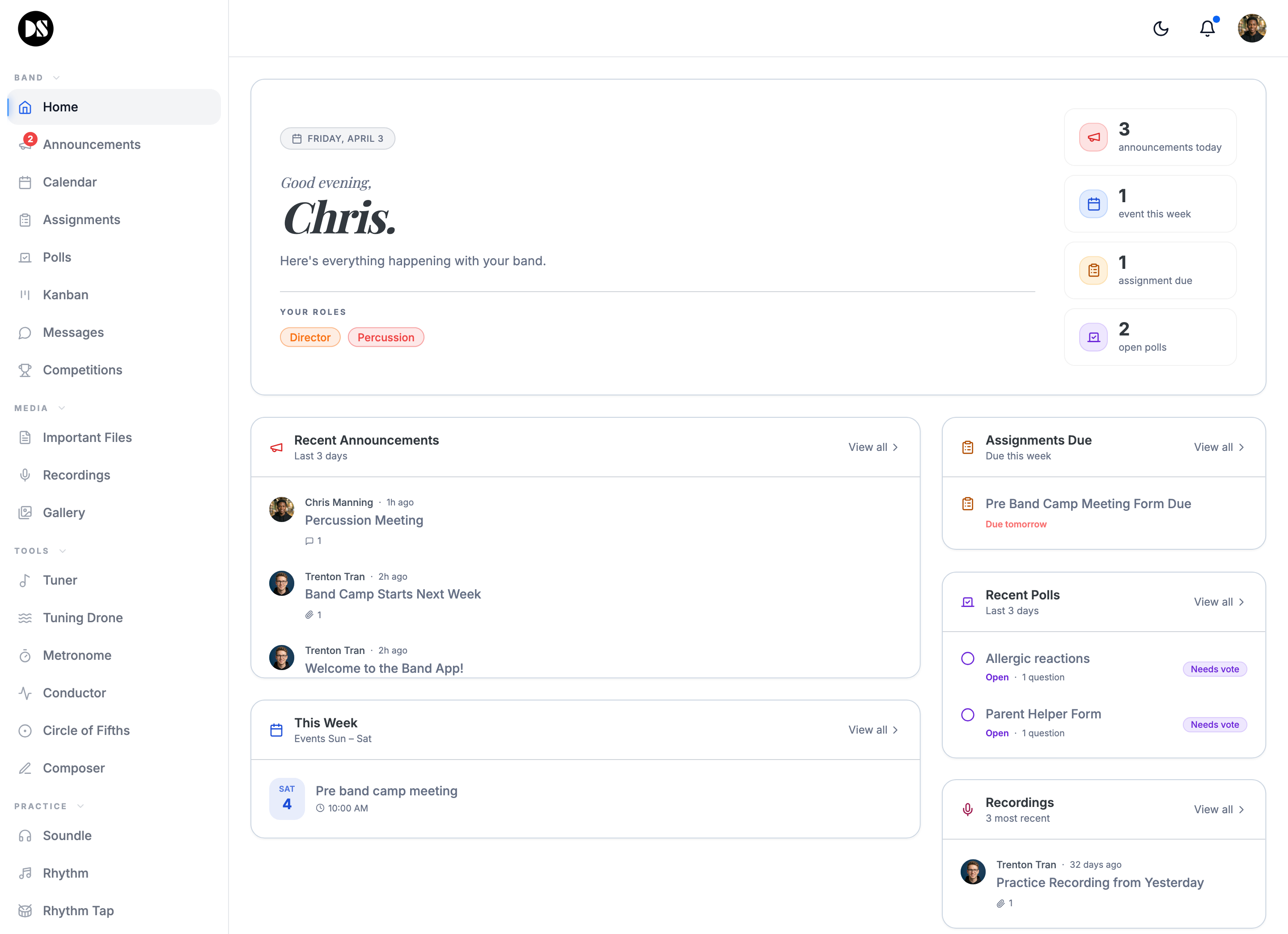 DirectorSync app — percussion section view