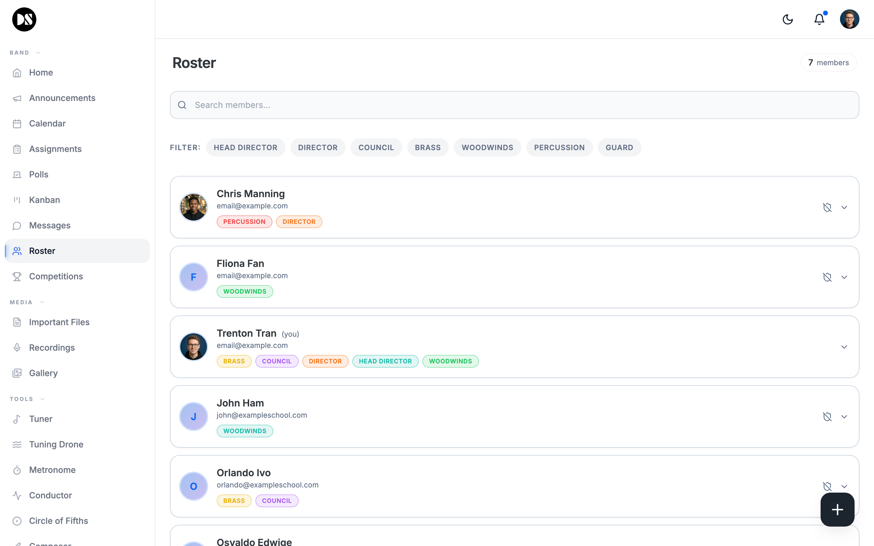 Roster — manage your full band roster